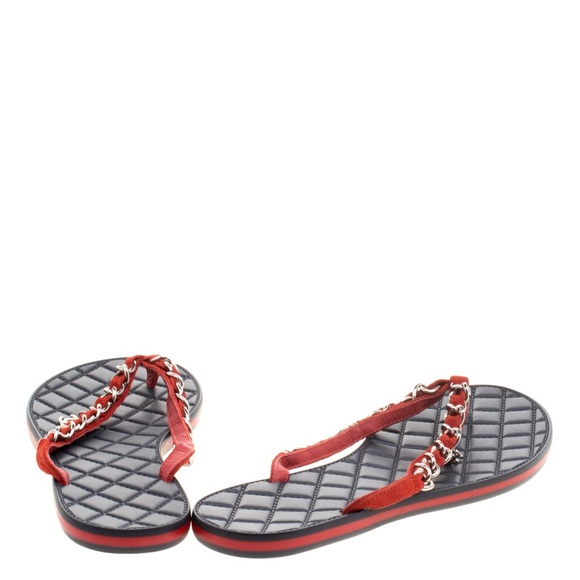 Chanel Red  Suede Chain Link Quilted Thong Sandals - Picture 6 of 6